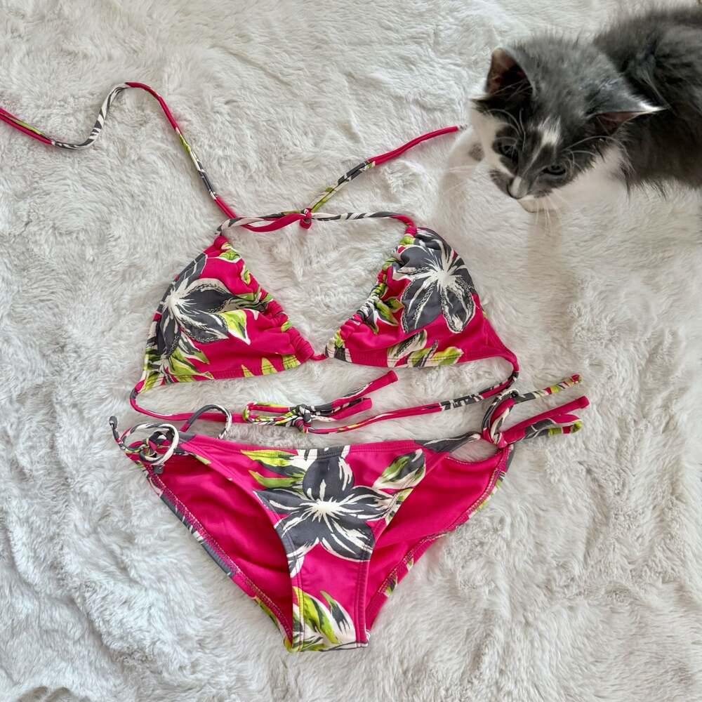 Xhilaration Pink Tropical Floral Print Halter Bikini Set